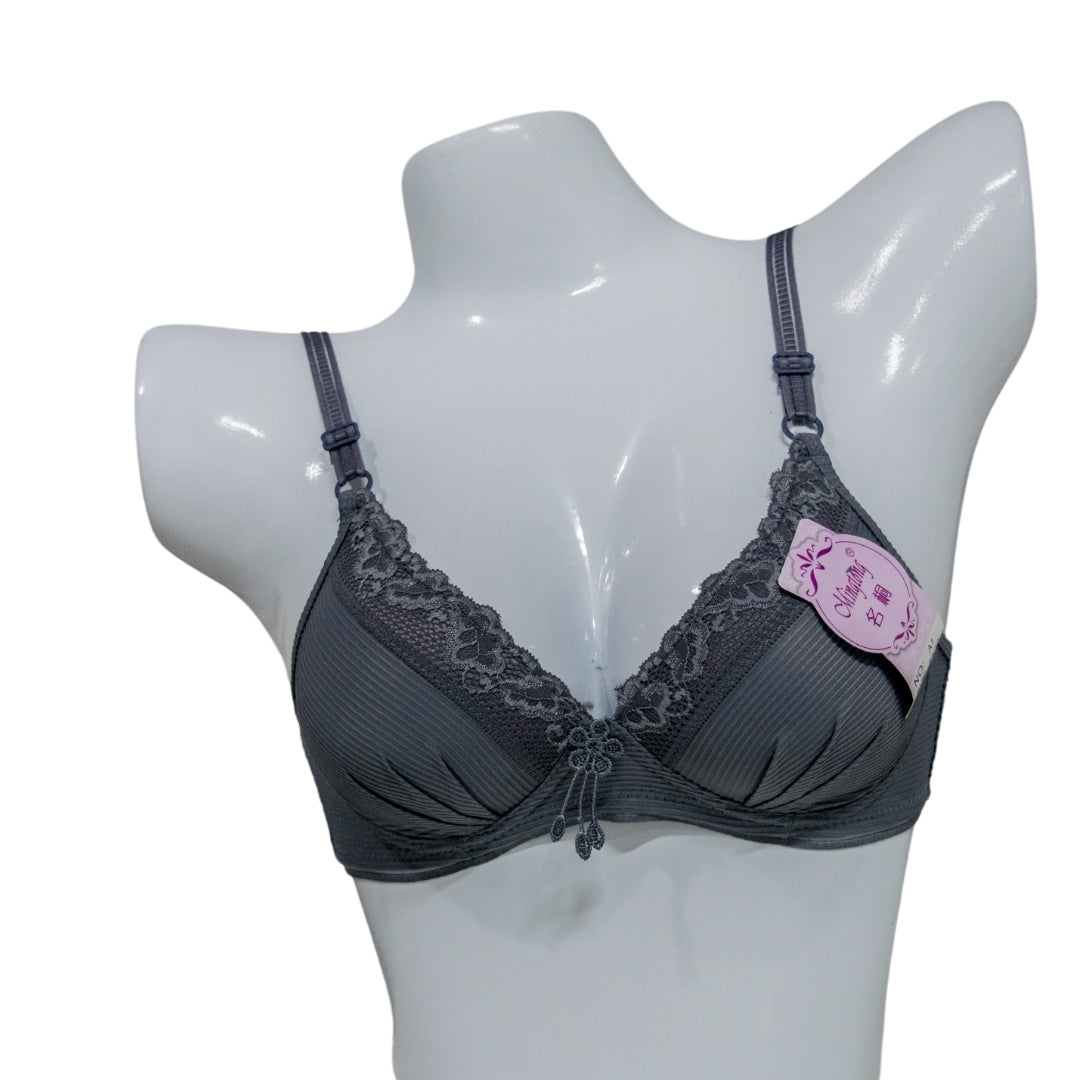 Lace-Trimmed Padded Bra – Grey
