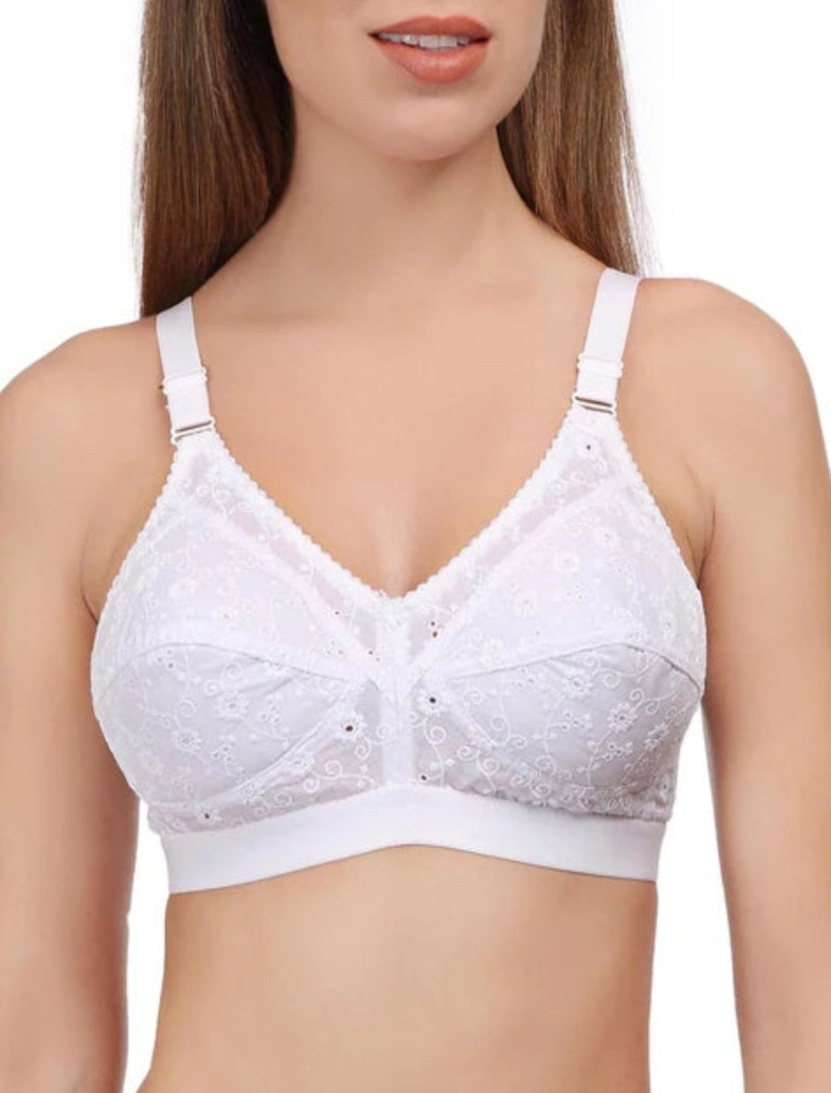 Cotton Embroidered Non-Padded Bra – Pure White