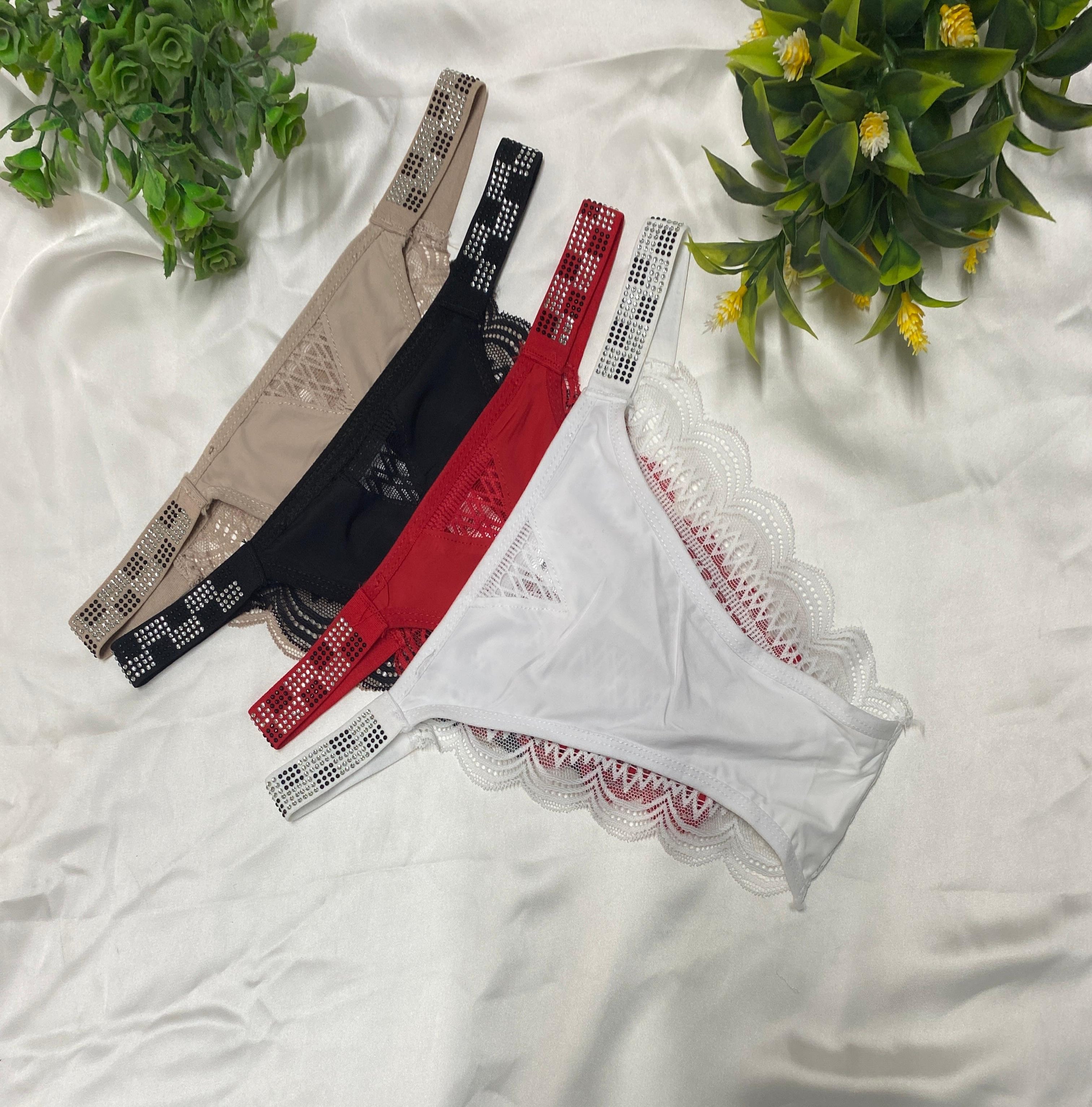 Lace Thong Panties with Rhinestone Straps (Pack of 4)